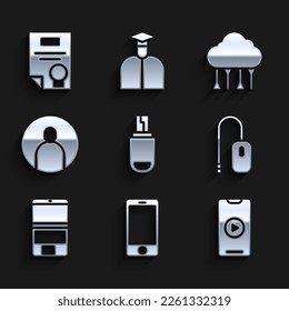 Configure la unidad flash USB, el teléfono móvil, el vídeo de reproducción en línea, el ratón para equipos portátiles, la pantalla de creación de cuentas, la conexión en la nube de red y el icono de plantilla de certificado. Vector