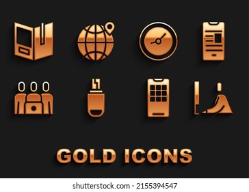 Set USB flash drive, Online book on mobile, Student working at laptop, Mobile phone, class, Clock, Open and Location the globe icon. Vector
