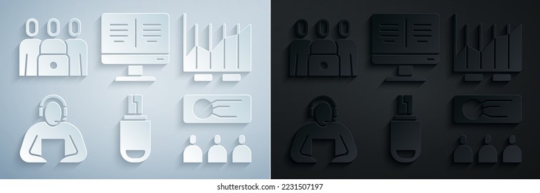 Set USB flash drive, Pie chart infographic, Student, Training, presentation, Online book monitor and class icon. Vector