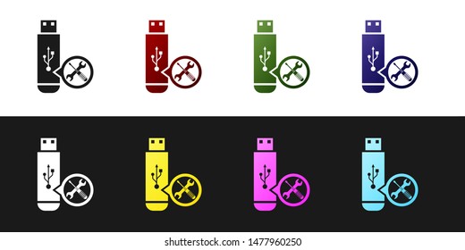 Set USB flash drive with screwdriver and wrench icon isolated on black and white background. Adjusting, service, setting, maintenance, repair, fixing.  Vector Illustration