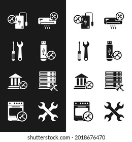 Ajuste el servicio de unidad flash USB, destornillador y llave inglesa, banco de energía, aire acondicionado, edificio de banco, servidor de base de datos, llaves cruzadas e icono de horno. Vector
