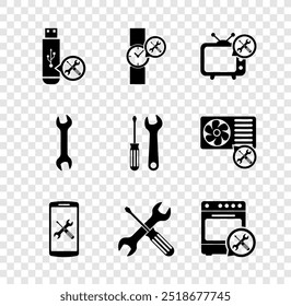 Set USB-Flash-Laufwerk-Service, Armbanduhr, TV, Smartphone, Kreuzschraubendreher und Schraubenschlüssel, Ofen, Schraubenschlüssel und Schraubendreher-Symbol. Vektorgrafik