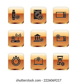 Set USB flash drive setting, Time management, Laptop, Bank building, Router and wi-fi and Microwave oven icon. Vector