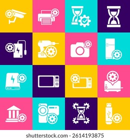 Set USB flash drive setting, Toaster, Refrigerator, Hourglass, Drill machine and Power bank icon. Vector