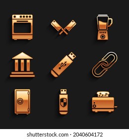 Set USB flash drive, and shield, Toaster with toasts, Chain link, Safe and Bank building icon. Vector