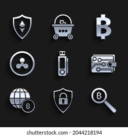 Set USB flash drive, Shield security with lock, Magnifying glass Bitcoin, Cryptocurrency wallet, Globe and cryptocurrency, Ripple XRP,  and Ethereum ETH icon. Vector