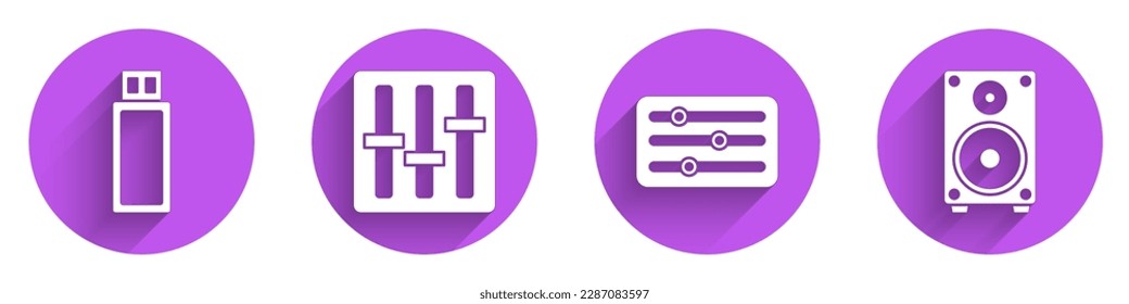 Set USB flash drive, Sound mixer controller, Sound mixer controller and Stereo speaker icon with long shadow. Vector