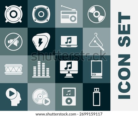 Set USB flash drive, Voice assistant, Triangle musical instrument, Radio with antenna, Guitar pick, Speaker mute, Stereo speaker and Laptop note icon. Vector