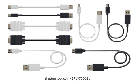 Conjunto de cables USB y HDMI aislados sobre fondo blanco. Vector ilustración realista de mini, micro USB, tipo C, conectores DVI para carga y transferencia de datos, conectores de cable de entrada y salida