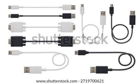 Set of usb and hdmi cables isolated on white background. Vector realistic illustration of mini, micro usb, type c, dvi connectors for charging and data transfer, input and output wire connectors