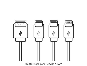 set USB icons, usb-a, usb-a, lightning, icon vector illustration editable stroke.