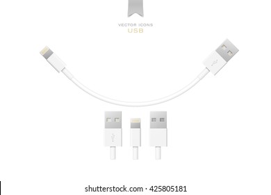 set of usb interface cables isolated on white background. vector universal serial bus 3d icons design. computer peripherals connector or smartphone recharge supply