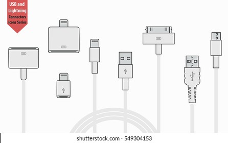 set of usb and Lightning interface cables and adapters isolated on white background. vector universal serial bus 3d icons design. computer peripherals connector or smartphone recharge supply
