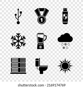 Set USB, Medal, flash drive and shield, Server, Data, Web Hosting, Toilet bowl and Sun icon. Vector