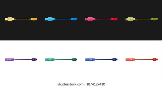 Set USB Micro cables icon isolated on black and white background. Connectors and sockets for PC and mobile devices. Smartphone recharge supply. Vector.