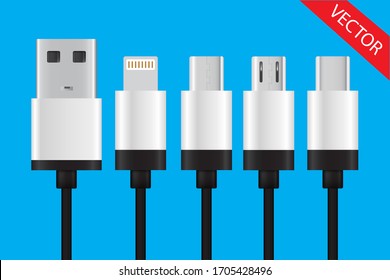 Set of usb. or Mobile phone charger Black charging cable. plugs. vector design illustration eps.10