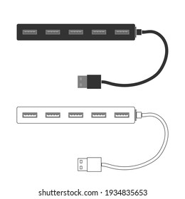 A set of USB splitters with ports and cable. A splitter for your computer or laptop. Flat vector illustration