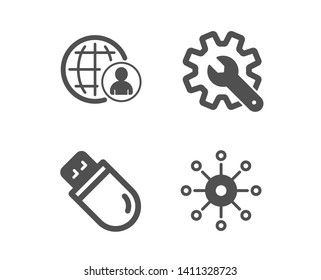 Set of Usb stick, Customisation and International recruitment icons. Multichannel sign. Memory flash, Settings, World business. Multitasking.  Classic design usb stick icon. Flat design. Vector