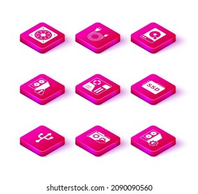 Set USB, Video graphic card, Case of computer, Motherboard digital chip, SSD, Hard disk drive HDD and Electric plug icon. Vector