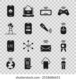 Set Usb wireless adapter, Web camera, Wireless computer mouse, Computer keyboard, Mobile with wi-fi, Satellite dish, Cloud technology data and microphone icon. Vector