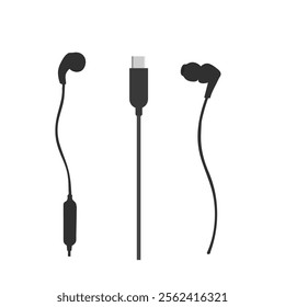 Set USB-C In-Ear Wired Earbuds, Microphone illustration,plugged and a charger