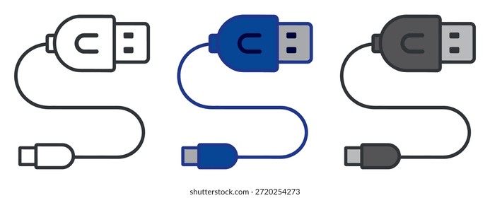 Conjunto de iconos de cable de adaptador USB-C a USB-A en estilos de contorno, azul y gris