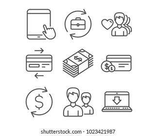 Set of Usd currency, Tablet pc and Human resources icons. Man love, Credit card and Couple signs. Payment method, Dollar exchange and Internet downloading symbols. Buying commerce. Touchscreen gadget