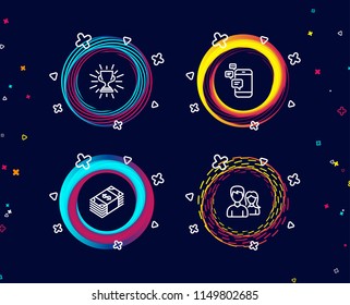Set of Usd currency, Trophy and Communication icons. Teamwork sign. Buying commerce, Winner cup, Smartphone messages. Man with woman.  Circle banners with line icons. Gradient colors shapes. Vector