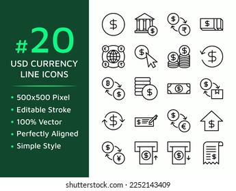 Set of USD currency vector icons in line style design for website, app, ui, isolated on background. Editable stroke. EPS 10 vector illustration.