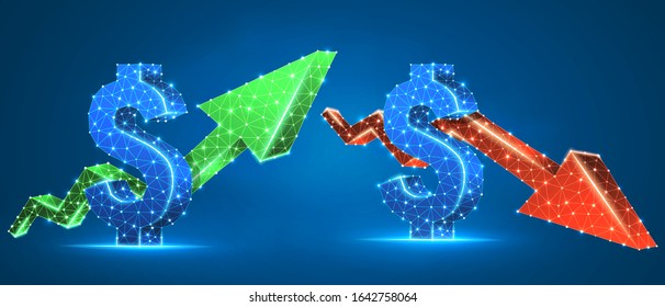 Set of USD dollar arrows, green growth, and red downtrend. Low poly, wireframe 3d vector illustration. International currency and money flow concept. Abstract polygonal image on blue neon background