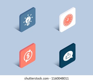 Set of Usd exchange, Idea and Clock icons. Feedback sign. Currency rate, Light bulb, Time or watch. Speech bubble.  3d isometric buttons. Flat design concept. Vector