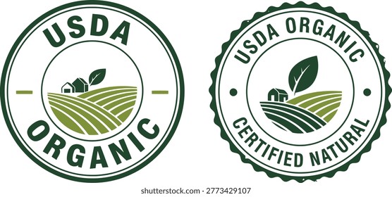 Set of USDA organic certified natural labels featuring farm, leaf, and field icons in a green badge design.