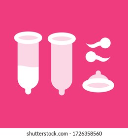 Set of used condom, new condom, and sperm on pink background. Concept of sex safe. Protect pregnancy. 