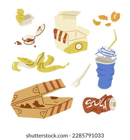 A set of used disposable packaging from fast food and spoiled food. A peel, a plastic cup, boxes of hotdogs and hamburgers, jars of sauces. Vector illustration. Isolated objects. 