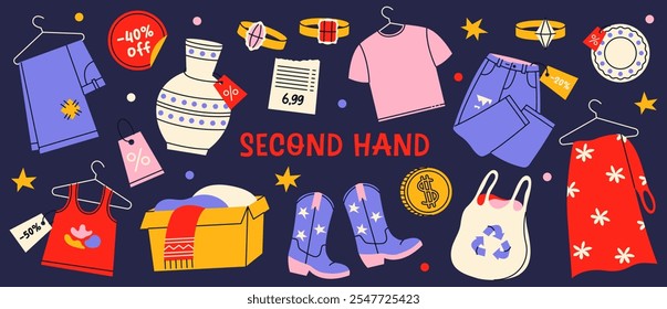 Set of used goods and clothes in second hand store or on garage sale. Reuse and zero waste banner. Flat vector illustration.
