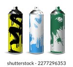 A set of used spray cans with multi-colored paint.