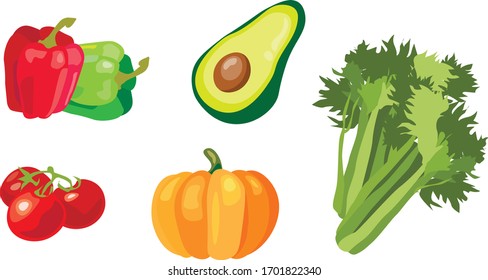 Conjunto de hortalizas útiles y saludables: tomates, aguacate, apio, pimienta roja y verde, calabaza
