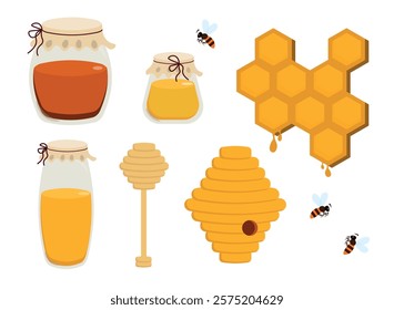 Set of useful honey in cartoon style. Vector illustration of honey in jars, honeycombs, bees, hive with a hole, wooden bucket isolated on white background. Different honey: floral, buckwheat, linden.