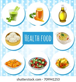 Set of useful organic natural food. Attribute of healthy eating fitness menu. Sketch for holiday stickers, cards or party invitation. Cartoon vector close-up illustration.