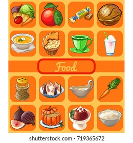 Set of useful organic natural food. Attribute of healthy eating fitness menu. Sketch for holiday sticker, banner, card or party invitation. Cartoon vector close-up illustration.