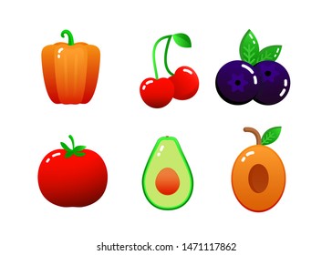 Set of useful products red pepper, tomato, avocado, cherry, apricot, blueberry isolated on a white background.