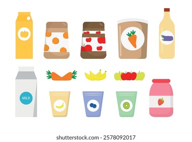 Set of useful store products in cartoon style. Vector illustration of different products, packages: juices, milk, yogurts, fruits, vegetables, carrots, bananas, apples, isolated on white background.