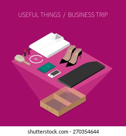 Set of useful things for business trip. Women's edition. Modern 3d flat design isometric concept.