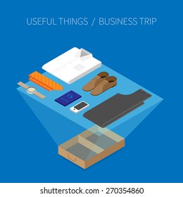 Set of useful things for business trip. Men's edition. Modern 3d flat design isometric concept.