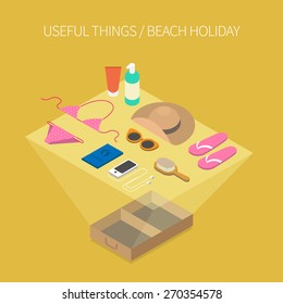 Set of useful things for travel to the beach. Women's edition. Modern 3d flat design isometric concept.