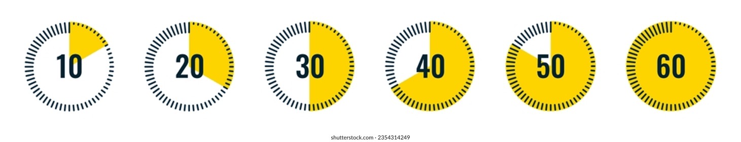 Juego de temporizadores útiles 10, 20, 30, 40, 50, 60 segundos o minutos. Icono de cronómetro de Stopwatch en estilo plano. Medida del tiempo minimalista. Rayas alrededor del círculo. Ilustración vectorial.