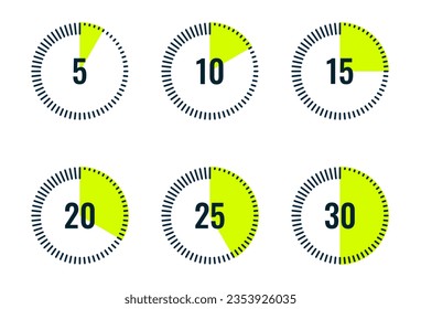 Set of Useful Timers 5, 10, 15, 20, 25, 30 Minutes or Seconds. Stopwatch Timer Icon in Flat Style. Minimalistic Timer Measure. Stripes Around the Circle. Vector Illustration.