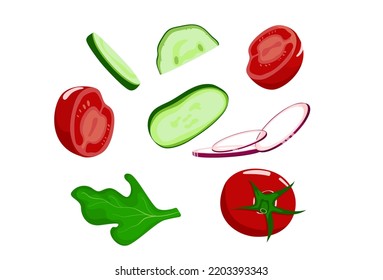 Un conjunto de verduras útiles. Verduras picadas, rodajas, cebollas, rodajas de cebolla. Aislado sobre fondo blanco. Medio tomate. Ilustración del vector