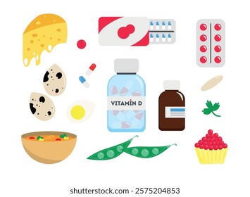 Set of useful vitamin d in cartoon style. Vector illustration vitamin d in cheese,quail eggs,vegetable soup,pills,tablet plates,green peas,caviar,parsley,sunflower seeds isolated on white background.