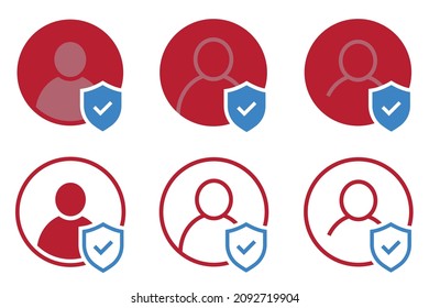 Set Of User Accept Icons Or Account Protection. Avatar Check Symbol. Account Sign. Shield With Person Silhouette In Circle. Authentication Security. Privacy Vector.